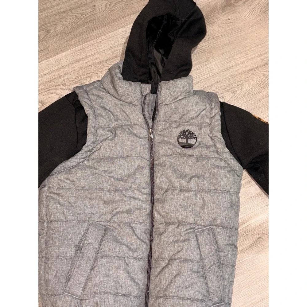 Timberland Kids Grey Puffer Jacket Black Hooded Hybrid Zip Up Coat Size M 10/12